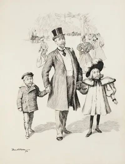 A Man Walks In A Crowded Park With His Young Son And Daughter Only Both Children Have The Same Face As Him