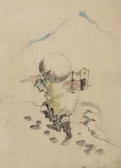 A Man Wearing A Conical Hat A Straw Or Feather Outer Garment And Boots Is Carrying A Long Handled Tool