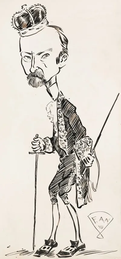 A Man Wearing A Crown In Fancy Dress With A Rapier In Both Hands