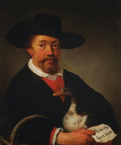 A Man Wearing A Hat And Holding A Goose And Letter