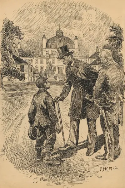 A Man Wearing A Top Hat And Carrying A Walking Stick Listens Intently To What A Little Boy Is Saying