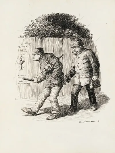 A Man With A Bag And A Thermos Follows A Man With A Club And A Knife In The Dark Along A Fence With A Poster For A Ballet
