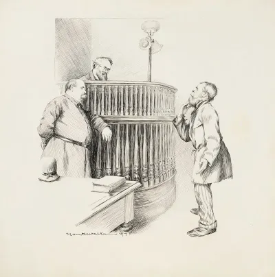 A Man With A Beard Stands Before A Judge And A Police Officer The Man Has A Dark Nose Possibly From Drinking