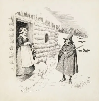A Man With A Rifle Stands In The Snow And Talks To A Woman And Child In The Doorway Of A Log Cabin