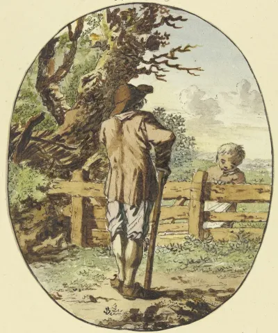 A Man With A Stick Stands At A Fence With His Back To The Viewer And A Child Stands On The Other Side