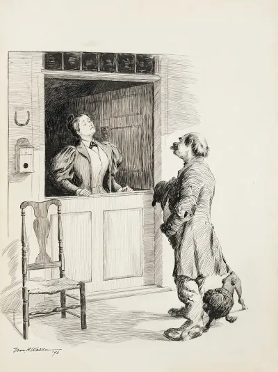 A Man With Ragged Clothes And Two Dogs Talks To A Woman Behind A Counter