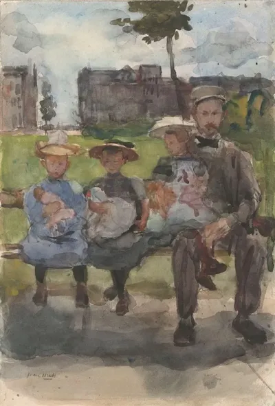 A Man With Three Girls On A Bench In The Oosterpark In Amsterdam