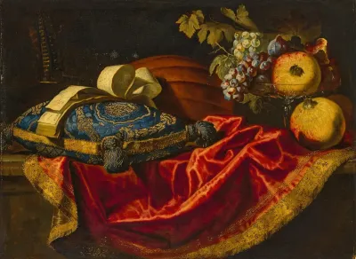 A Mandolin With A Book Of Music On A Blue And Gold Cushion With Fruit On A Partially Draped Ledge