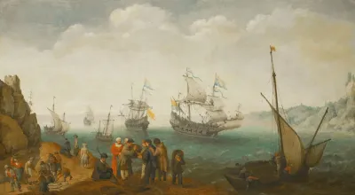A Marine With Five Vessels Out To Sea And Another In Port And With Groups Of Largely Male Figures Engaged In Buying Or Selling Fish Or Other Wares