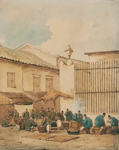 A Market Outside The Railings Of St Dominics Church Macau