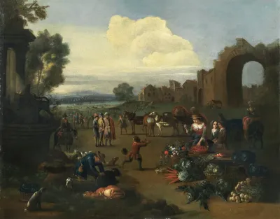 A Market Scene With A River Landscape Beyond