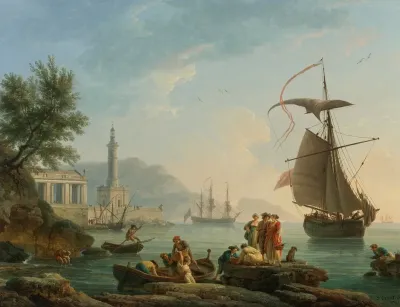 A Mediterranean Harbor At Sunset With Fisherfolk At The Waters Edge A Lighthouse And A Man Of War At Anchor In The Bay