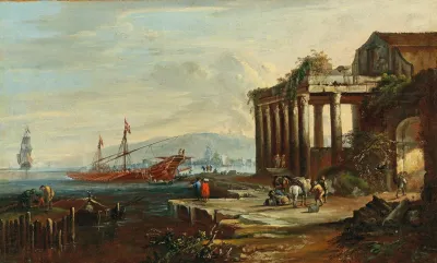 A Mediterranean Harbor With Ruins And Figures