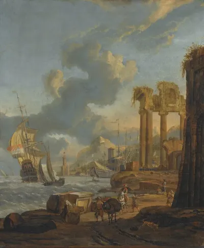 A Mediterranean Harbour Scene With Travellers On The Shore A Dutch Man Of War On The Left