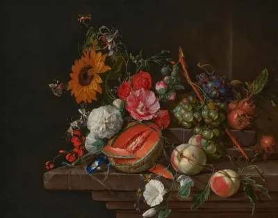 A Melon Peaches Grapes Medlars Sunflowers Roses Peonies And Other Flowers With Butterflies And Other Insects On A Stone Ledge