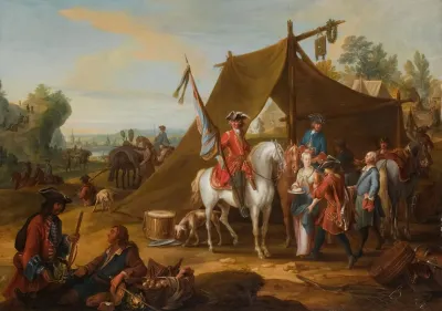 A Military Encampment Depicting The Household Cavalry Of The Duke Of Savoy 1744 1745 With A Standard Bearer And Horses By A Tent
