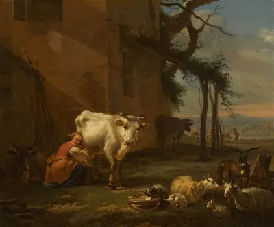 A Milkmaid With Her Herd A River Landscape Beyond