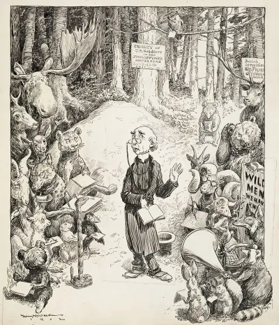 A Minister Preaches In The Forrest To A Group Of Animals Most Of Them Taking Notes