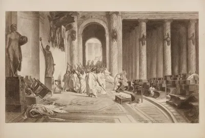 A Mob Of Men In Roman Robes Representing The Trusts Have Taken Over The Senate And Killed A Man Representing Competition