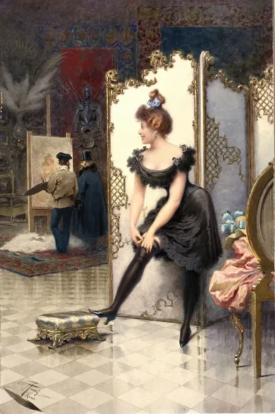 A Model Fastening Her Garter In An Artists Studio