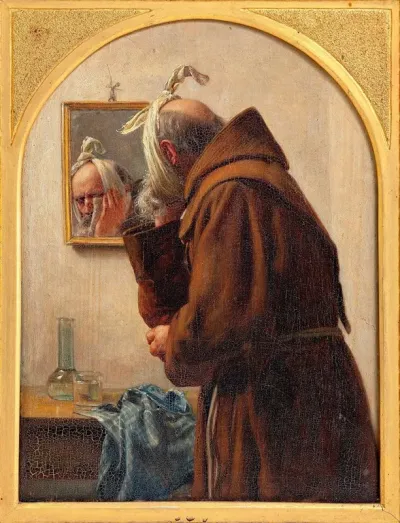 A Monk Examines Himself In A Mirror