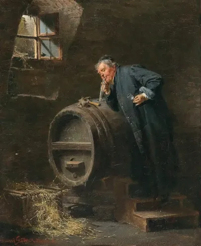 A Monk In A Wine Cellar With A Wine Siphon