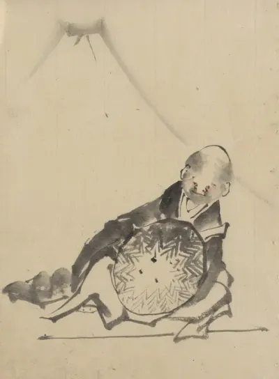 A Monk Reclining Holding A Large Conical Hat In Front Of Him With View Of Mount Fuji In The Background
