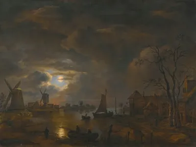 A Moonlight Landscape With Windmills Along The Banks Of A River