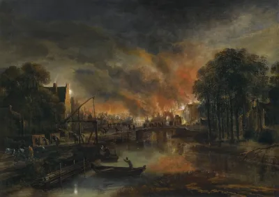A Moonlit Landscape With A Burning Village
