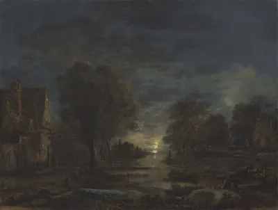 A Moonlit Landscape With An Inn Beside A River