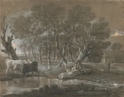A Moonlit Landscape With Cattle By A Pool
