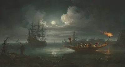 A Moonlit Mediterranean Harbour With Fishermen Pulling In Their Catch A Full Rigged Pinnace And Other Shipping Beyond