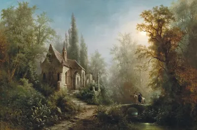 A Moonlit Night Over A Chapel And Riders