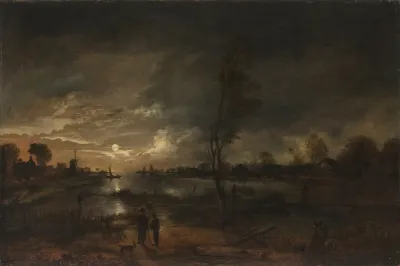 A Moonlit River Landscape With Figures On The Bank And A Town Beyond