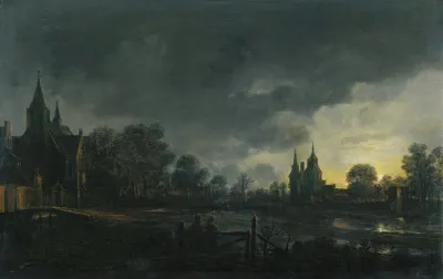 A Moonlit River Landscape With Figures Standing By A Gate A Village Beyond