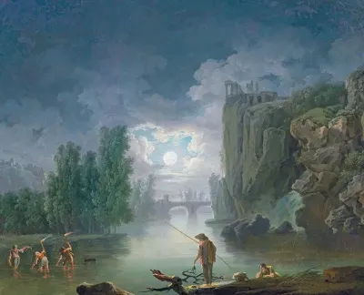 A Moonlit River Landscape With Fishermen Working By Torchlight The Temple Of Vesta In The Right Background