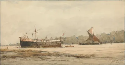 A Moored Barque And Barge In A River
