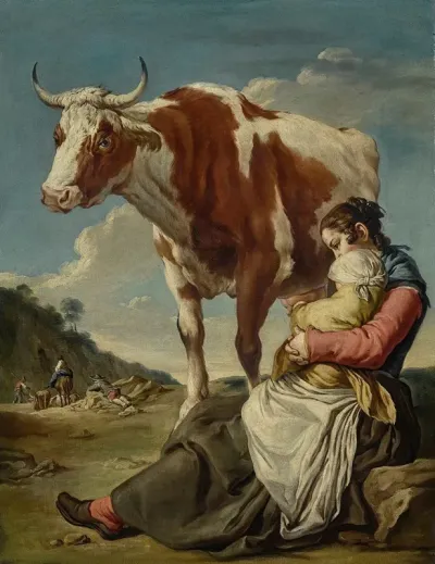 A Mother And Her Child Milking A Cow In A Landscape A Group Of Peasants And Animals Beyond