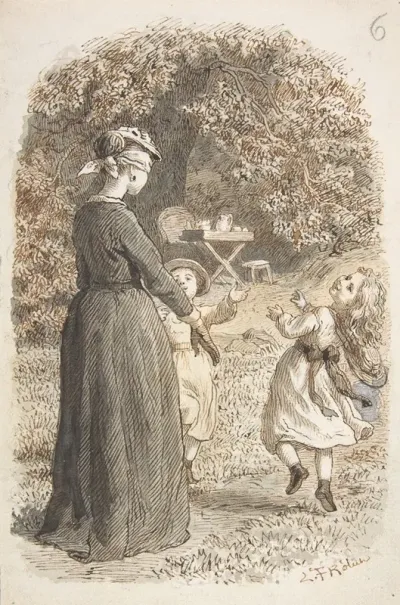 A Mother And Two Children Playing Blind Mans Bluff