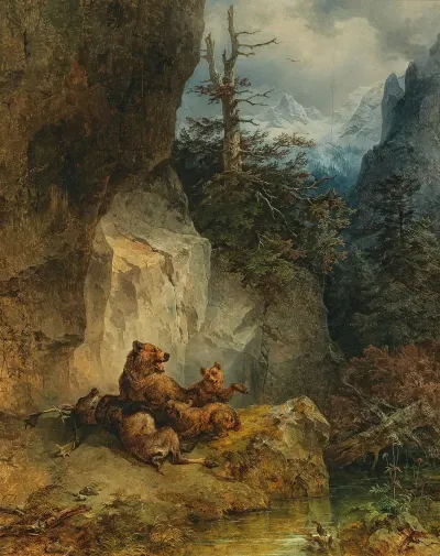 A Mother Bear And Her Cubs With A Stag