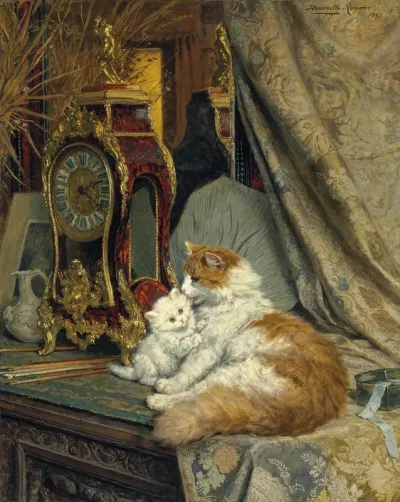 A Mother Cat And Her Kitten With A Bracket Clock