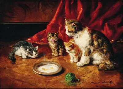 A Mother Cat With Kittens In Front Of A Milk Bowl