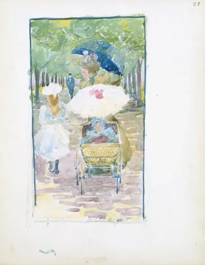 A Mother Pushing Her Baby In A Perambulator With Her Daughter At Her Side