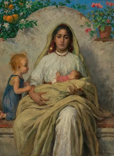 A Mother With Children On Southern Veranda