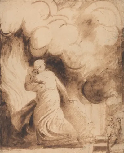 A Mother With Her Child In Her Arms Flying Upon The Ramparts Of A City In Flames