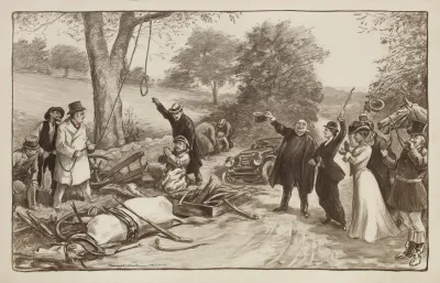 A Motorist Pleads For His Life As A Crowd Prepares To Lynch Him For Causing An Accident With A Horse And Wagon Killing A Woman