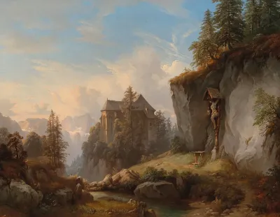 A Mountain Landscape With A Chapel And Wayside Shrine