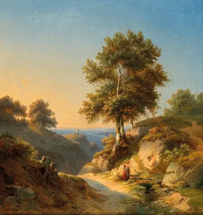 A Mountain Landscape With A Woman At Spring Fountain