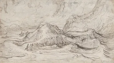 A Mountainous Landscape Near A River With A Horse Drawn Barge And Several Figures