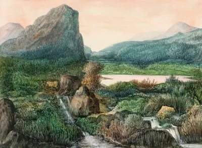 A Mountainous Landscape With A Lake And Waterfalls